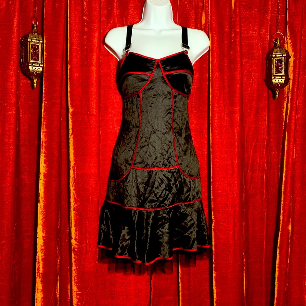 Black red silk suspender slip tutu dress. 90's era vintage designer Sue Wong 2